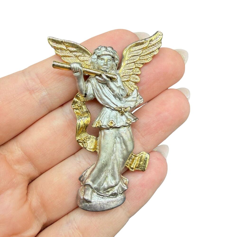 Vintage Jewelry Gold and Silver Tone Angel playing flute brooch Angel Pin